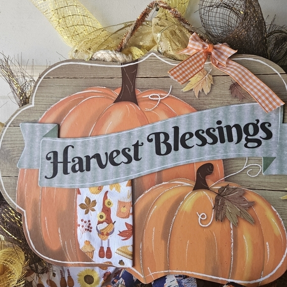 Hand Crafted handmade holiday wreath Harvest Blessings Gnome fabric plaid ribbon - Picture 16 of 17